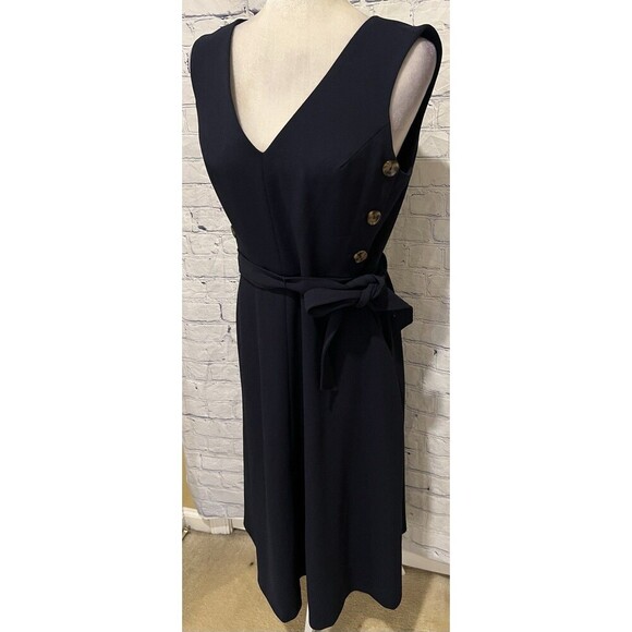 NWT Calvin Klein Belt Sleeveless Blue V-Neck Midi Dress with Side Buttons Size 6 - Picture 2 of 9